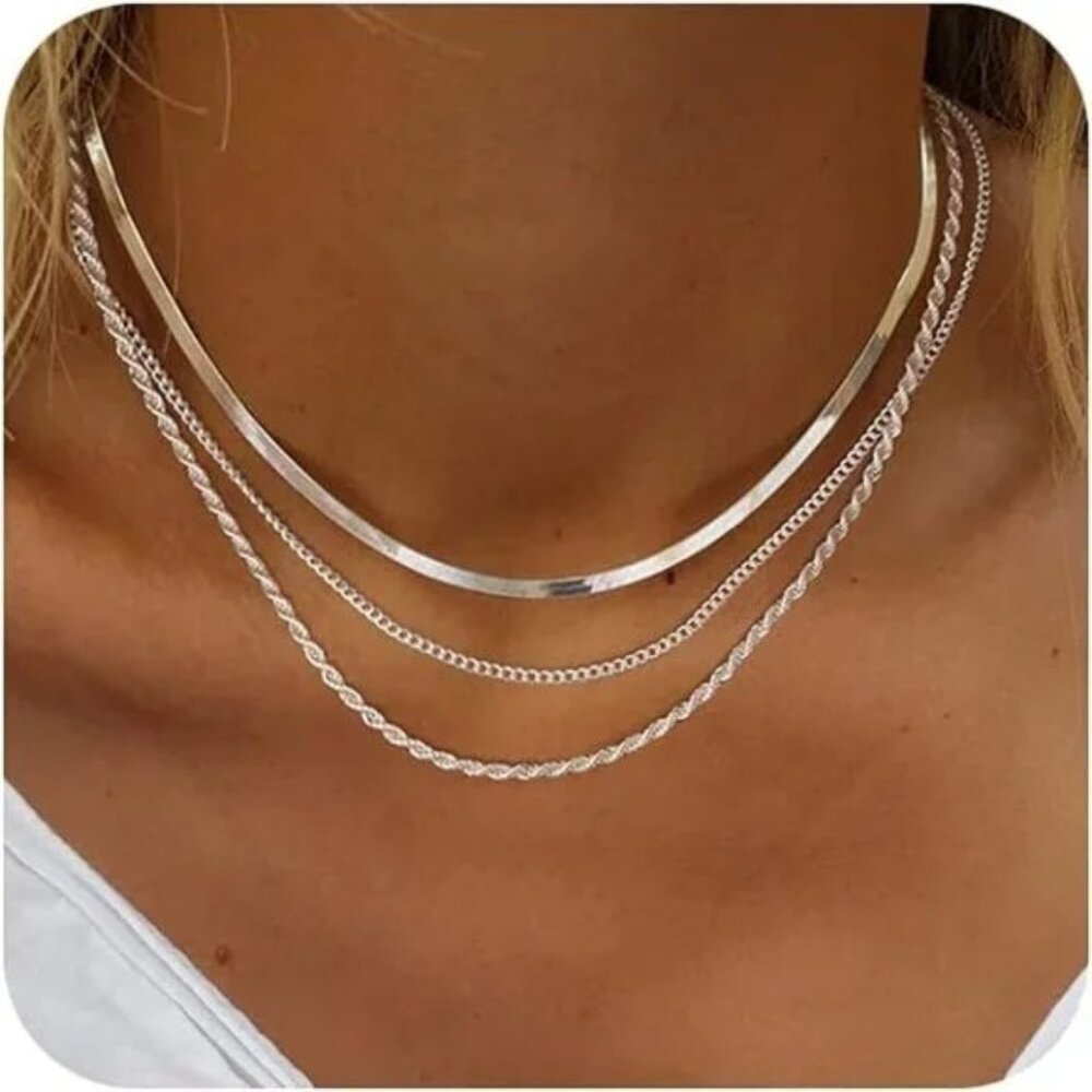 14k White Gold Plated, Herringbone Necklace, Dainty Gold Necklace